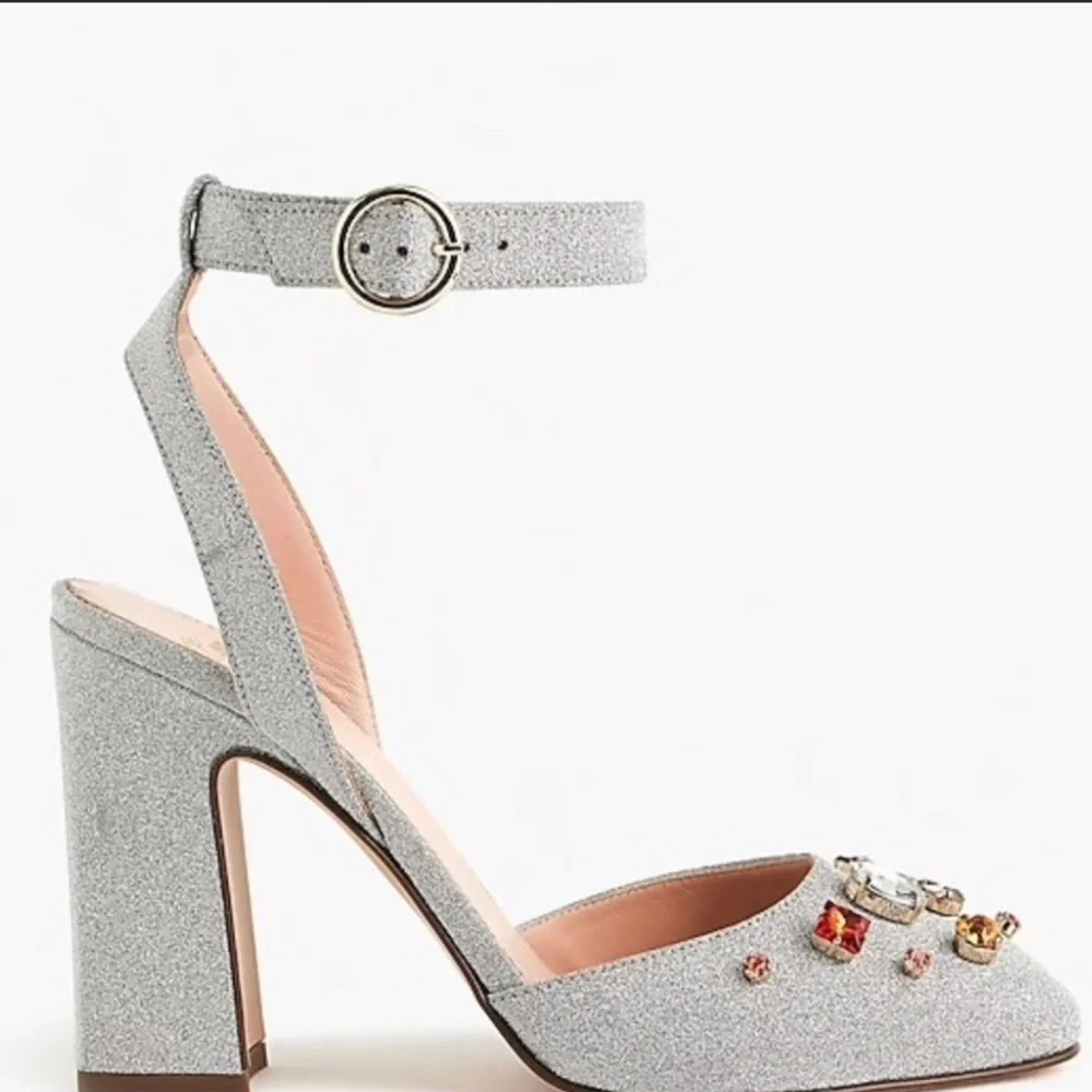 J.Crew Harlow Silver Glitter Bejeweled Ankle-Strap Pumps Wedding Block Heels. - Picture 2 of 3